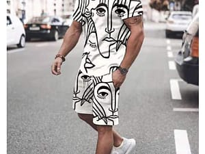 2021 New Fashion Men’s Suit Two-Piece Harajuku Vintage Printed Short-Sleeved T-Shirt+Shorts Clothes Casual Men Set Streetwear