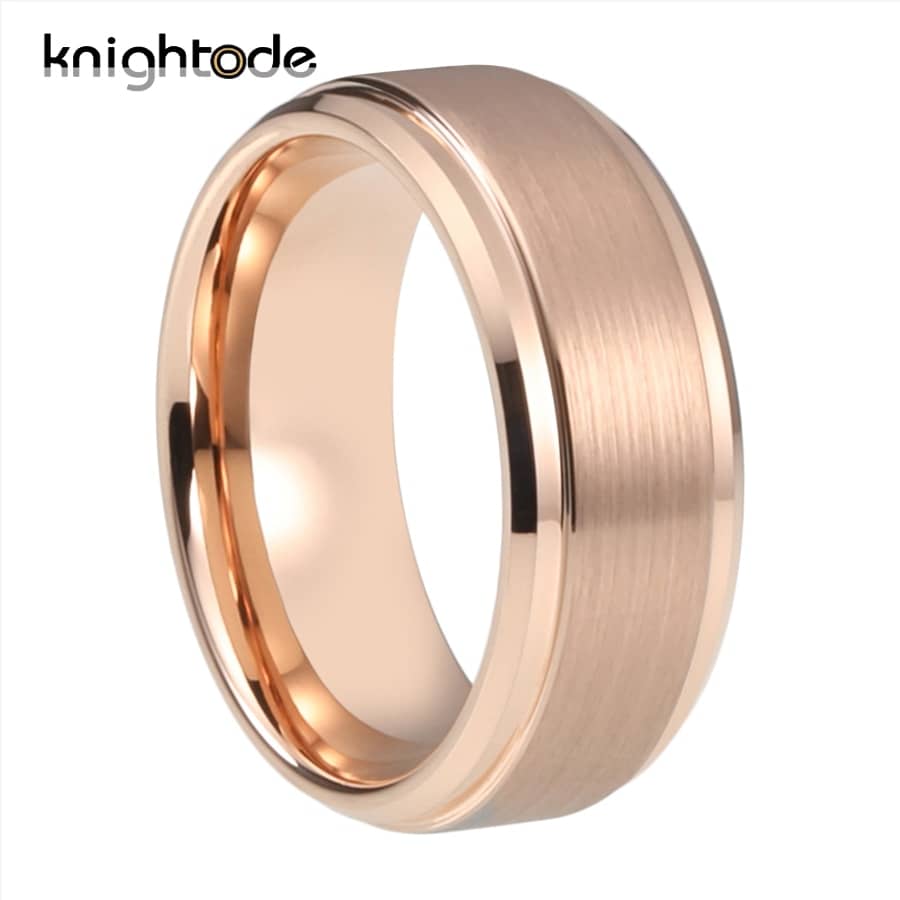 Tungsten Carbide Ring Rose Gold IP Plated Brushed Center Beveled Edge 6mm 