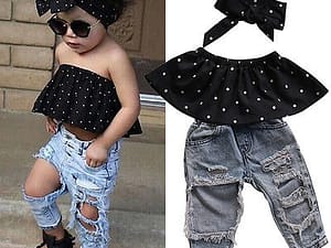 0-3Y Summer Fashion Toddler Clothes Baby Girls Dot Sleeveless Tops+Hole Jeans Outfits Casual 3pcs Clothes Set