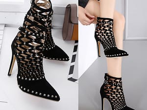 Rivets Studded Cut Out Caged Ankle Boots Stiletto Heel