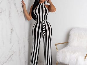 Striped knitted jumpsuit wrapped chest zipper jumpsuit